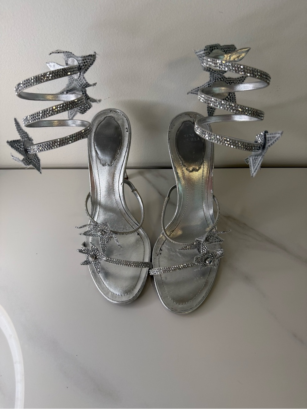 René Caovilla Cleo Star Silver Crystal Spiral Heels Sandals - Picture 3 of 13